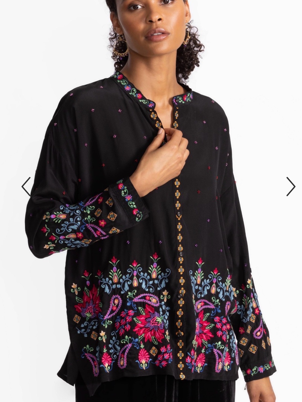 NWT Johnny Was Teresa Audrey Embroidered Black Floral Button-Up Blouse Sz M